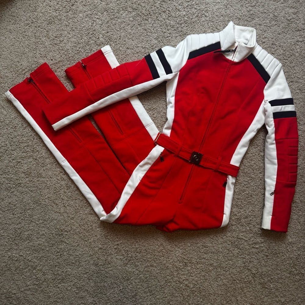 Bogner Talisha Cat Padded Belted Ski Suit Red Navy Blue White US 6 Long